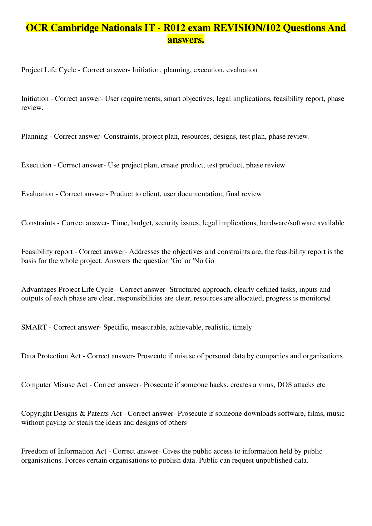 Preview image for OCR Cambridge Nationals IT - R012 exam REVISION/102 Questions And answers.